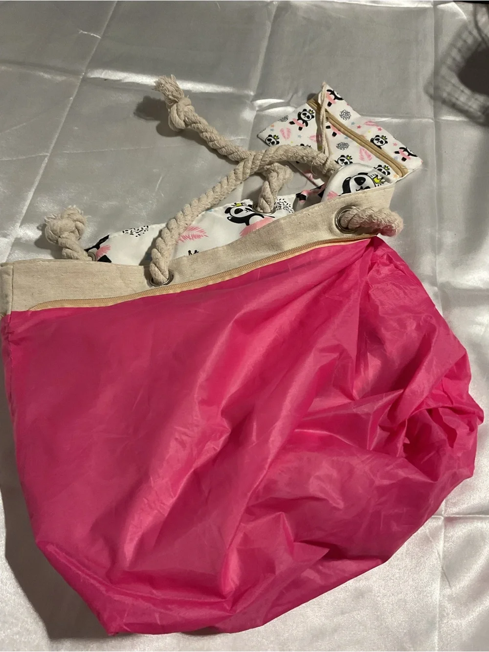 Panda Print Rope-Handle Tote Bag - Pink & White